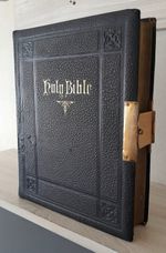 ANTIQUE CLASPED HOLY BIBLE, B & W PLATES, MAPS, PUBLISHED BY CHARLES COURTIER