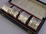 BEAUTIFUL 4 SOLID STERLING SILVER NAPKIN RINGS 1970 CASED ENGRAVED MB & JB