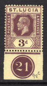 M21267 St Lucia 1930 SG100a - 3d deep purple/pale yellow PLATE (21) single.