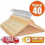 40 X WOODEN COAT HANGERS SUIT GARMENTS CLOTHES WOOD HANGER TROUSER BAR SET