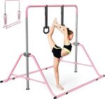 Adjustable Kids Gymnastics Bar w/ Rings - 5 Height Levels - Non Slip Pink 3-8Y