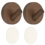 2 Pack Walnut Wood Wall Hooks, Round Coat Hooks Wall Mounted or Self-Adhesive