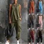 Lady Tracksuit Summer Casual Loose Vest Tops Cargo Pocket Pants Co ord Set 2PCS