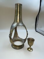 Vintage Brass Whiskey Flask & Goblet Lid Wine Bottle Decanter Glass Is Missing