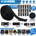 Nylon Webbing Strap 20Mm X 10 Yards Black with 20 Adjustable Buckles