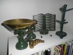 KITCHENALIA ,COOKBOOK STAND(VICTOR) ,MUG TREE, SCALES WITH WEIGHTS GREEN.USED