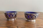 ANTIQUE 19TH C SILVER PLATED FILAGREE CONDIMENT SALTS WITH BRISTOL BLUE LINERS