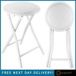 WHITE FOLDING STOOL SOFT PADDED CUSHIONED SEAT FOLDING FREESTANDING METAL FRAME