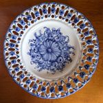 Large Vintage Vestal Portugal Hand Painted Reticulated Wall Plate Blue Floral