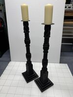 84cm  Floor Standing Candlesticks Medieval Revival Antique Carved Oak Columns