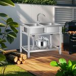 Commercial Sink Kitchen Stainless Steel Double Bowl Catering Hand Wash w/ Faucet