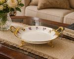 Vintage Floral Ceramic Serving Dish Gold Handles Feet Elegant Centerpiece Tray