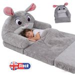 Foldable Kids Couch 2 in 1 Plush Cartoon Toddler Pull Out Chair Bed Chair Gray