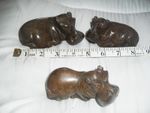x 3 African Brown Stone Hippopotamus Hand Carved Ornaments