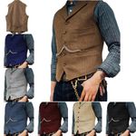 Mens Vintage Tweed Waistcoat Vest Cowboy Wool Herringbone Vests M L XL XXL 3XL