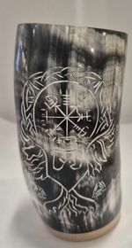Buffalo Horn mug with  combination of Viking symbols Engraving - Height 12cm -(4