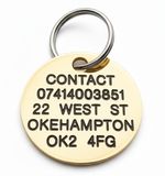 DEEPLY ENGRAVED SOLID BRASS DOG TAG, 29mm disc. UP TO 5 LINES ON EACH SIDE