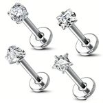 4Pc Surgical Steel Labret Stud 16G CZ Earring Flat Back Tragus Helix Piercing