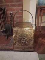 Brass Fireside Box Storage Box Embossed, Front Loading, Handle 