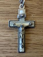 VINTAGE OLD GERMAN Crucifix metal mother of pearl with sterling stamped chain 