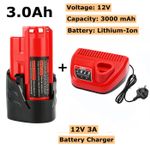 12V 3.0Ah Li-ion Battery for Milwaukee M12 XC 48-11-2401 2402 2440 + Charger