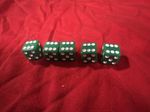 Set Of 5 x 16mm Cubed Green Dice With White Pips.
