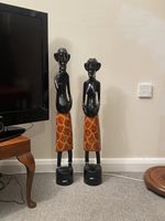 Pair of Large 85cm Vintage Hand-Carved African Wooden Statues - Floor Standing