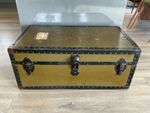 Vintage Steamer Travel Trunk - Green with Metal Fittings USA Railway Label 1946
