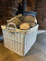 Rectangular Driftwood-wash Wicker Log Fireside Storage Basket with Hessian Liner