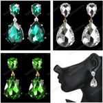 CLIP ON big GLASS CRYSTAL DROP teardrop EARRINGS screw GREEN/AQUA/SILVER/GOLD