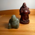 Chinese Hand-Carved Budai Figurines Set of 2 - Jade & Wooden Laughing Buddha