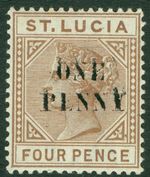 SG 55a St Lucia 1891-92. 1d on 4d brown, surcharge double. Lightly mounted...