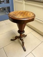 Antique Round Octogonal Wooden Pedestal Sewing Table, Lift-Up Lid, Inlaid Top
