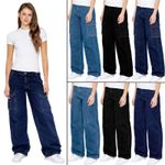 Enzo Womens Wide Leg Jeans Plain High Waisted Baggy Stretch Denim Trousers Pants