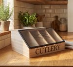 Farmhouse 4 Compartment Cutlery Utensil Organiser Wooden Countertop Box