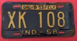 VINTAGE 1958--LICENSE PLATE INDIANA XK108 Drive Safely