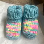 Handmade Knitted Baby Booties Newborn Blue Multicolour Striped Pull On