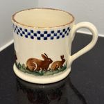 Brixton Pottery rabbits spongeware small mug with hand-painted bunnies VGC