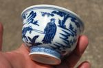 C0080. Blue & White Cup with Xiao He Chasing Han Xin, Xuande Mark