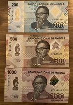 3 X Angola Banknotes. 200, 500, 1000 Kwanzas. Uncirculated. Dated 2020. Polymer