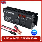 750W 1500W Car Converter Power Inverter DC 12V to AC 240V 4USB 2LED Trip Black