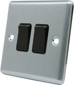 Satin Chrome 2-Gang Light Switch with Black Rocker Insert | 1–2 Way | 10A 240V