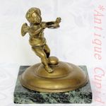 Antique Brass Winged Cherub, Cupid Holding Butterfly on Green Banded Marble Base