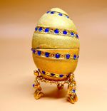 Fabergé Style Gold Coloured Enameled Jeweled Egg Trinket Box Blue Hinged 6.3cm