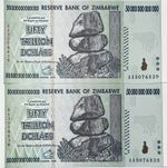 ZIMBABWE 2 x 50 TRILLION DOLLARS BANKNOTES 2008 CONSECUTIVE NUMBERS RHODESIA UNC