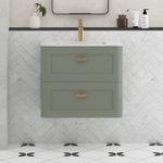 600/800mm Sage Green Vanity Unit Basin 2 Drawer Wall Hung Carrara White Basin