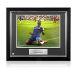 Didier Drogba Signed Chelsea Football Photo: Knee Slide. Deluxe Frame