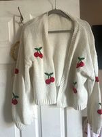 Women’s White Knit Open Front Cherry Embroidered Cardigan one size
