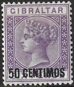 Gibraltar 1889 QV 50c on 6d Bright Lilac  SG.20 Mint (Hinged) Cat:£55  FAULT
