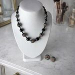 Vtg Celluloid Necklace & Clip On Earrings Set - Black Floral Sugared Beads - 16”